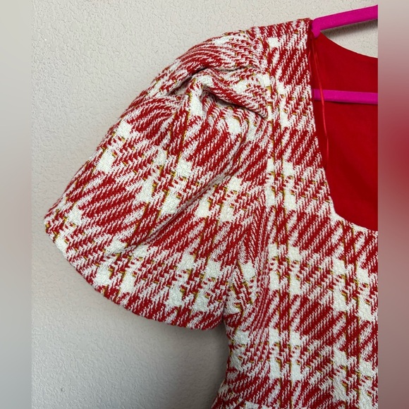 NWT English Factory Tuckernuck Red & White Tweed Puff Sleeve Tiered Dress L - Picture 4 of 13